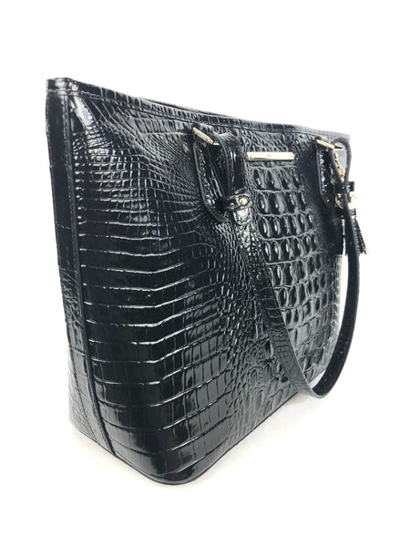 Medium Asher Black Melbourne Croc Embossed Leather Zip Tote