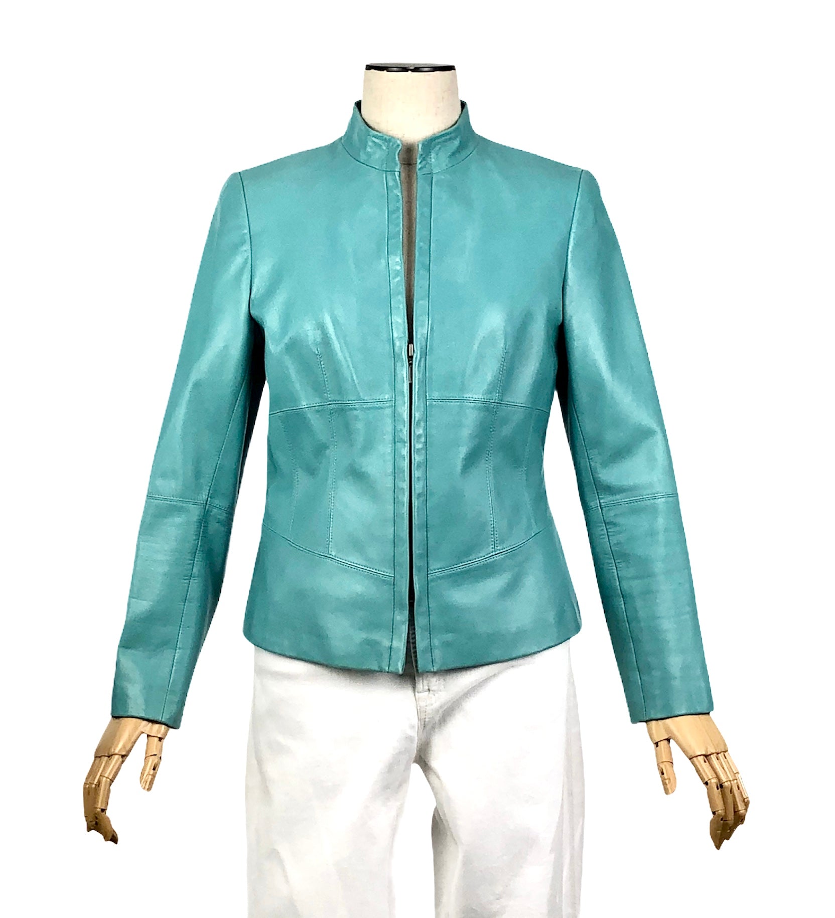 Turquoise Leather Moto Jacket | Size 4 Petite