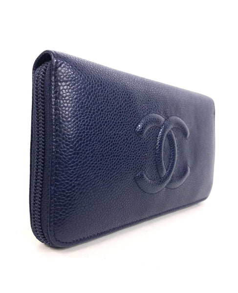 Navy Caviar Leather CC Timeless Zip Around Continental Wallet