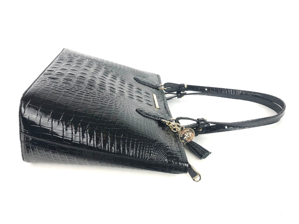 Medium Asher Black Melbourne Croc Embossed Leather Zip Tote