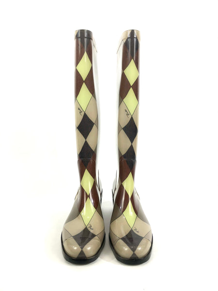 Brown and Green Diamond Print Rubber Rain Boots | Size 39