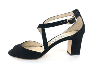 Black Suede Peep Toe Stacked Heel Sandal | Size 8