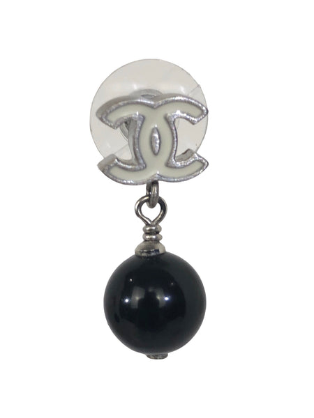 White Enamel Interlocked CC's with Black Stone Drop Earrings