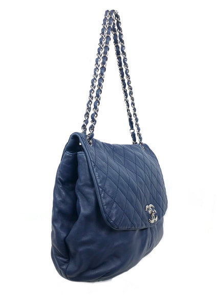 Blue Lambskin Quilted Leather Flap Large Handbag with Silver Hardware