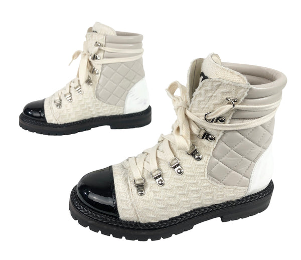 Tweed Lambskin and Patent Combat Boots | Size US 8 - IT 38