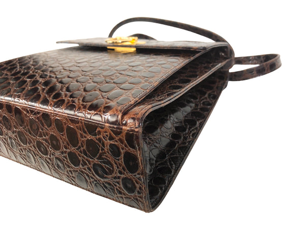 Vintage Iconic Top Handle Croc Embossed Leather Handbag with Strap