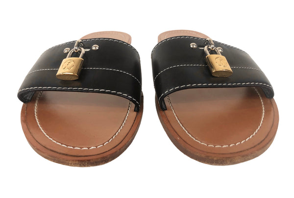 Louis Vuitton Black Leather Lock It Slides Sandals | US 8.5 | EU 39