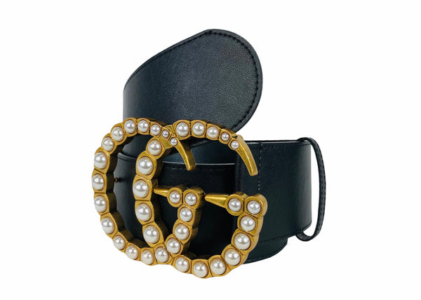 Extra Wide Calfskin Marmont Faux Pearl GG Buckle Belt | Size 90/36