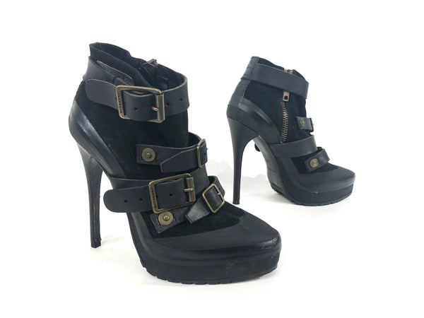 Black Aviator Buckle Stiletto Ankle Booties | Size EU 37.5 - US 6.5