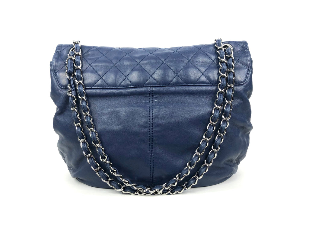 Blue Lambskin Quilted Leather Flap Large Handbag with Silver