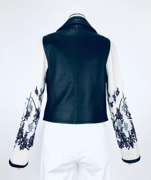 Lambskin Moto Jacket with Silk Floral Sleeves | Size 8