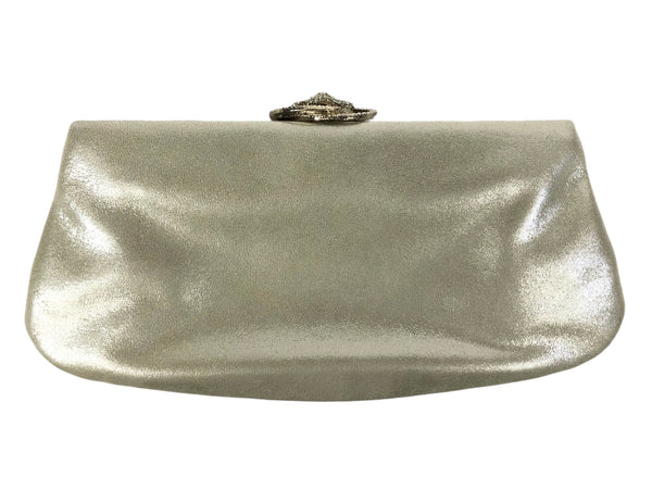 Crystal Embellished Camellia Clasp Metallic Evening Clutch