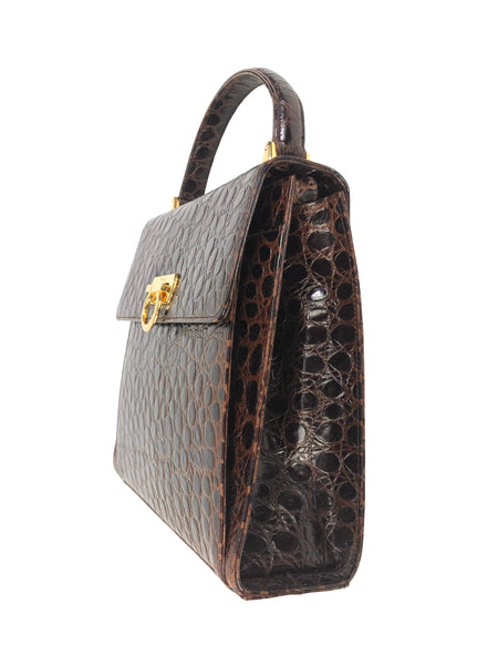 Vintage Iconic Top Handle Croc Embossed Leather Handbag with Strap