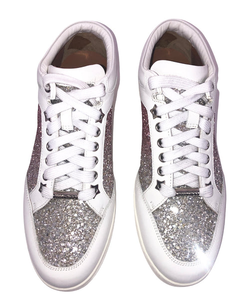 White Miami Glitter Paneled Pink and White Leather Sneakers | Size US 7.5 - EU 38