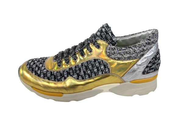 Interlocking Tweed Gold Silver Low Top Sneakers | Size US 8.5 - IT 39.5