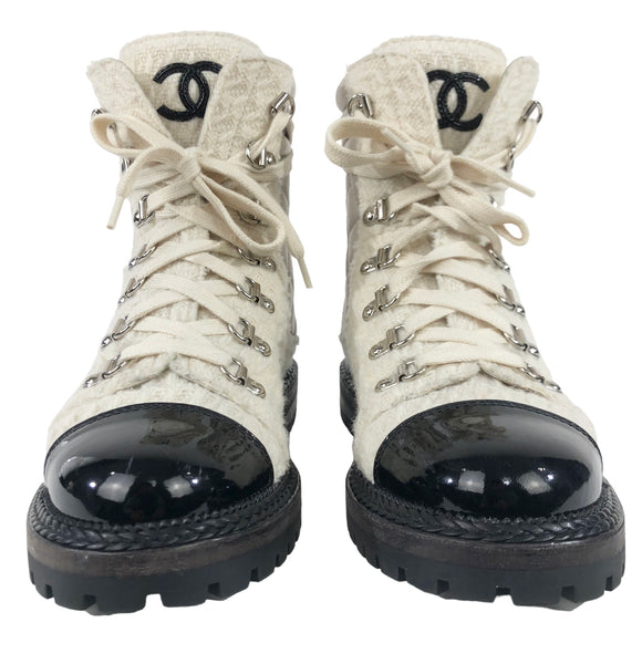 Tweed Lambskin and Patent Combat Boots | Size US 8 - IT 38