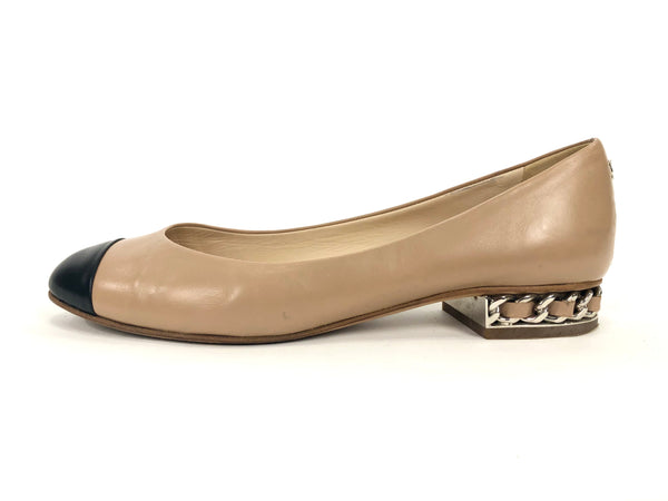 Beige and Black Color Block Chain Heel Flats | Size 37.5