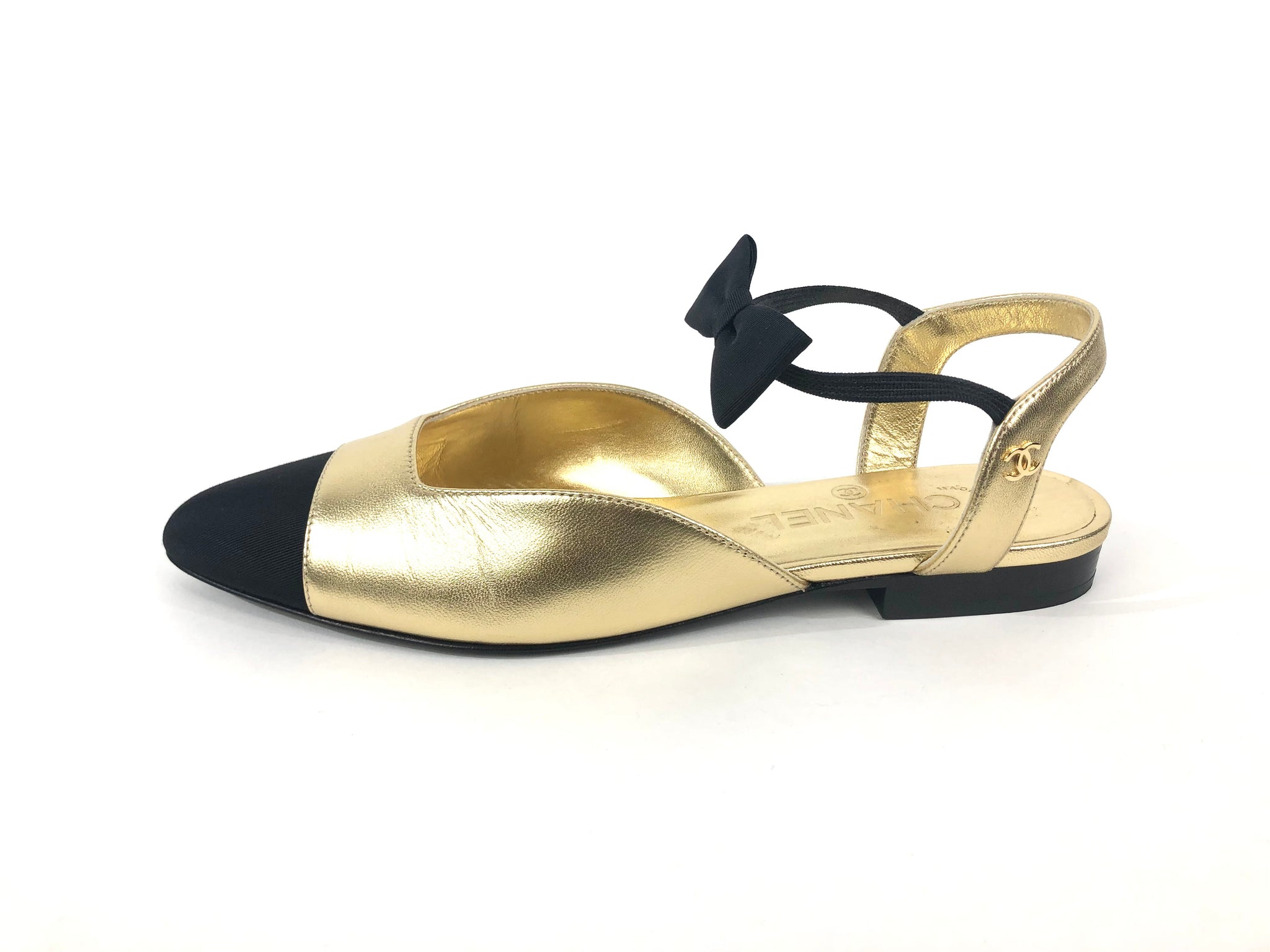 Black and Gold Bow Mary Jane Slingback Flats | Size 37.5
