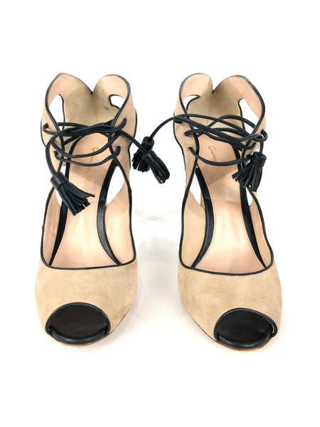 Tan Suede Cut Out Tassel Lace Up Heels | Size 38