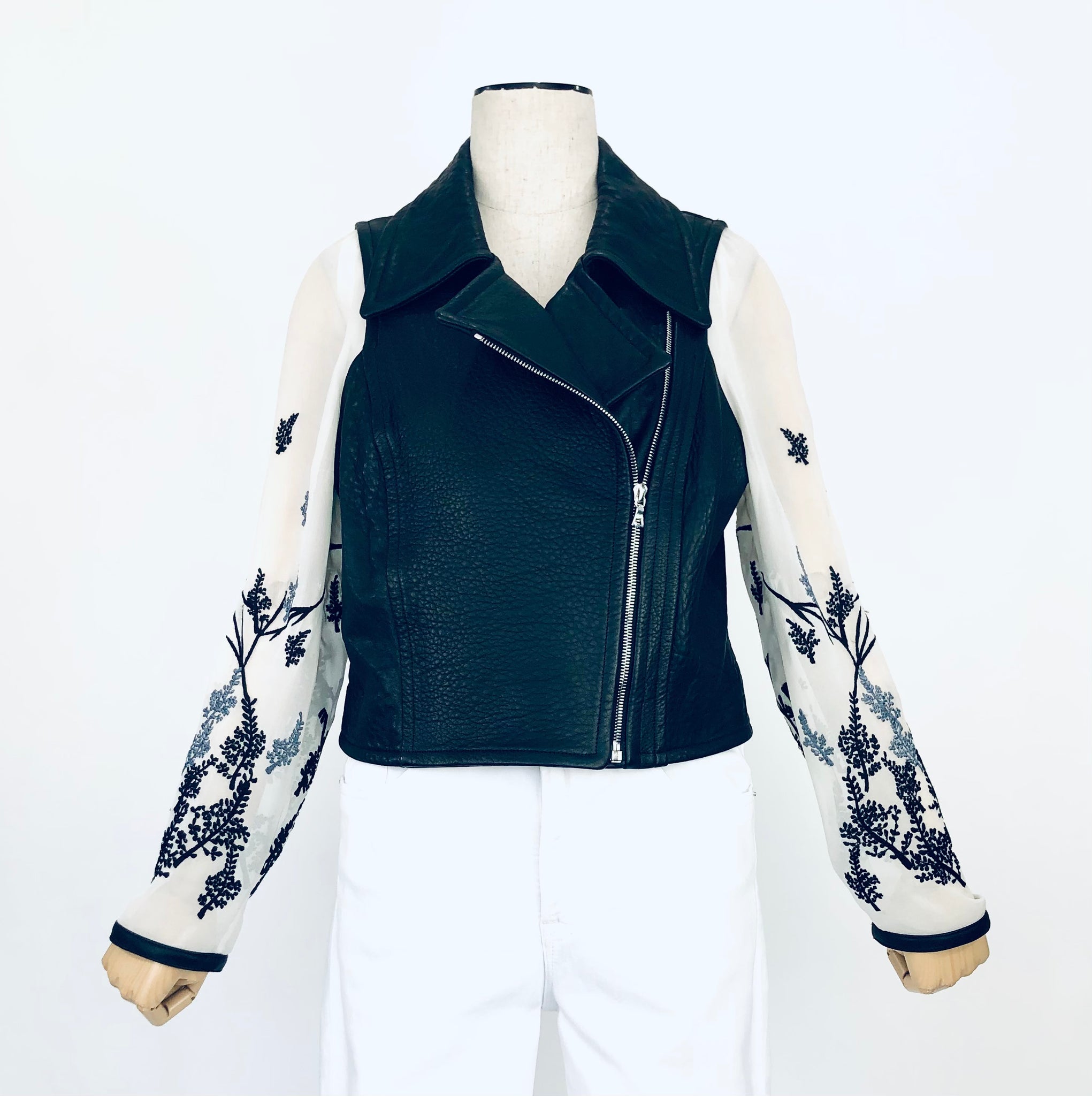 Lambskin Moto Jacket with Silk Floral Sleeves | Size 8