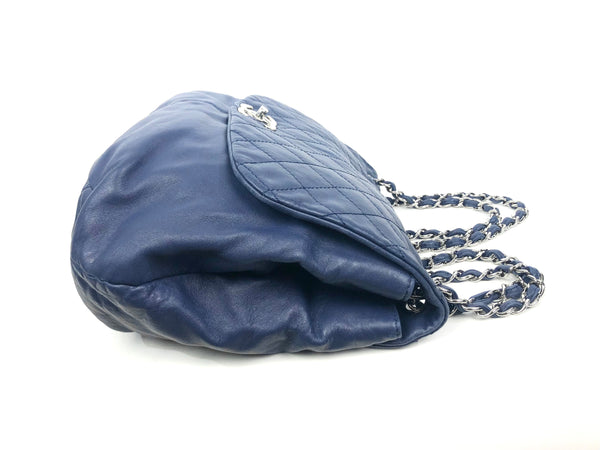 Blue Lambskin Quilted Leather Flap Large Handbag with Silver Hardware