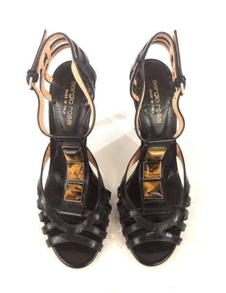 Brown Caged Sandals Tiger's Eye Stones Detail Heels | Size US 7 - EU 37