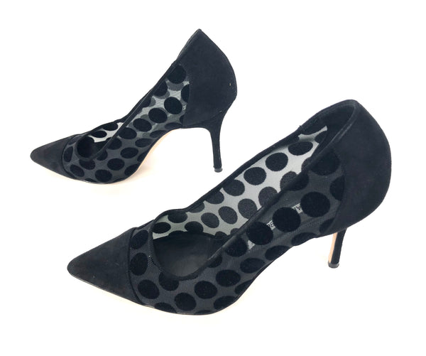 Black Suede and Mesh Polka Dot Pumps | Size US 7.5 - IT 38