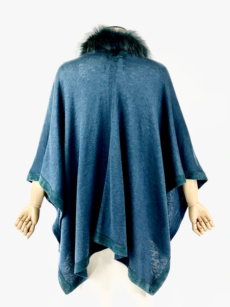 Raccoon Fur Trimmed Cape Teal | One Size