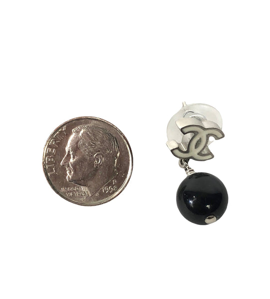 White Enamel Interlocked CC's with Black Stone Drop Earrings