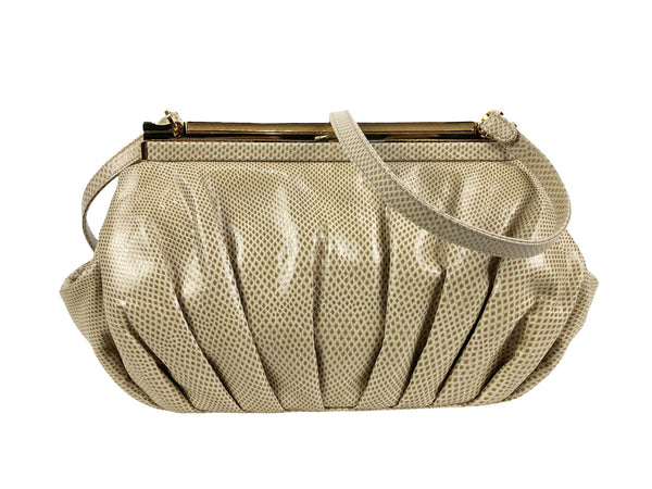 Vintage Beige Karung Skin Framed Structure Convertible Handbag
