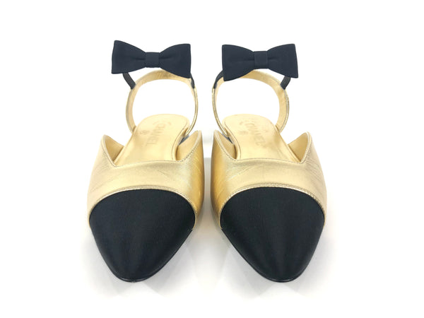 Black and Gold Bow Mary Jane Slingback Flats | Size 37.5