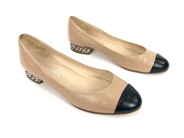 Beige and Black Color Block Chain Heel Flats | Size 37.5