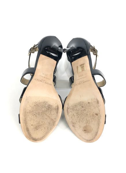 "Lottie" Black Patent Strappy Sandals | Size US 8.5 - IT 38.5