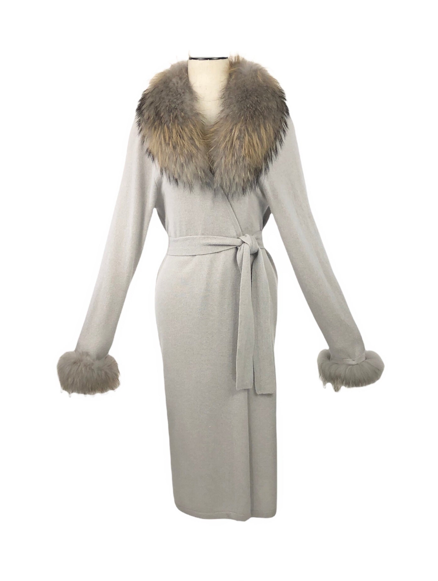 Cashmere Duster with Raccoon Fur Trim in Dove | Size L