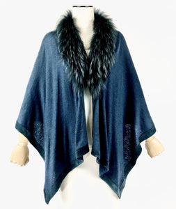 Raccoon Fur Trimmed Cape Teal | One Size