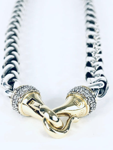 Sterling Silver Wheat Chain with 18K Gold Clasp and Pave Diamonds