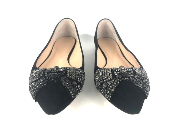 Black "Vanessa" Suede Crystal-Bow Flat | Size 8.5