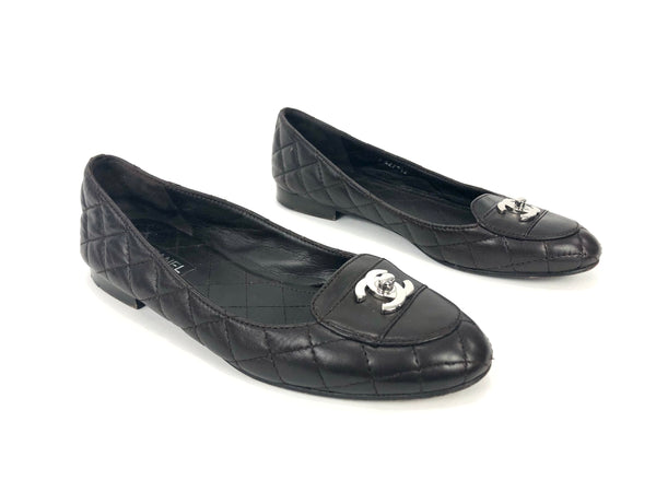 Chocolate Brown Quilted Leather CC Turn Lock Loafers | Size 37.5