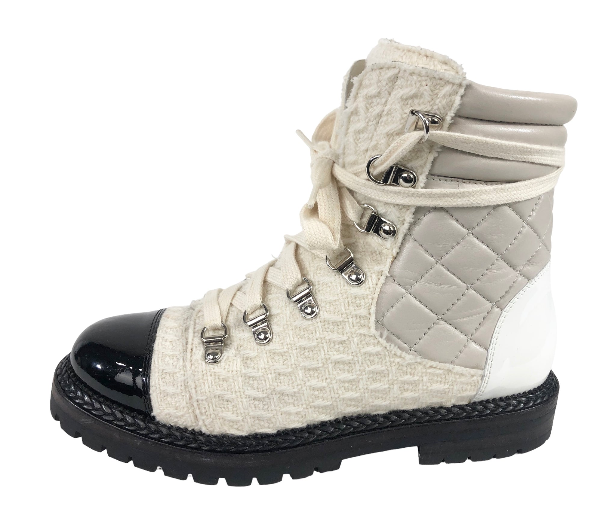 Tweed Lambskin and Patent Combat Boots | Size US 8 - IT 38