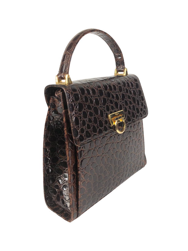 Vintage Iconic Top Handle Croc Embossed Leather Handbag with Strap