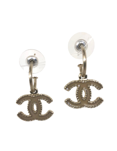 Interlocked CC's Pink Enamel Silver Tone Drop Earrings