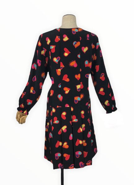 Multicolor Hearts Print on Black Silk Dress | Size 14