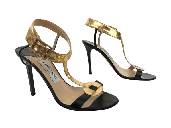 Black and Gold T-Strap Stiletto Sandal | Size US 6.5 - IT 37