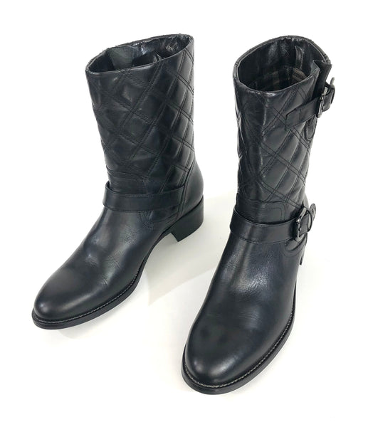 Black Quilted Leather Moto Mid Calf Boots | Size 7.5