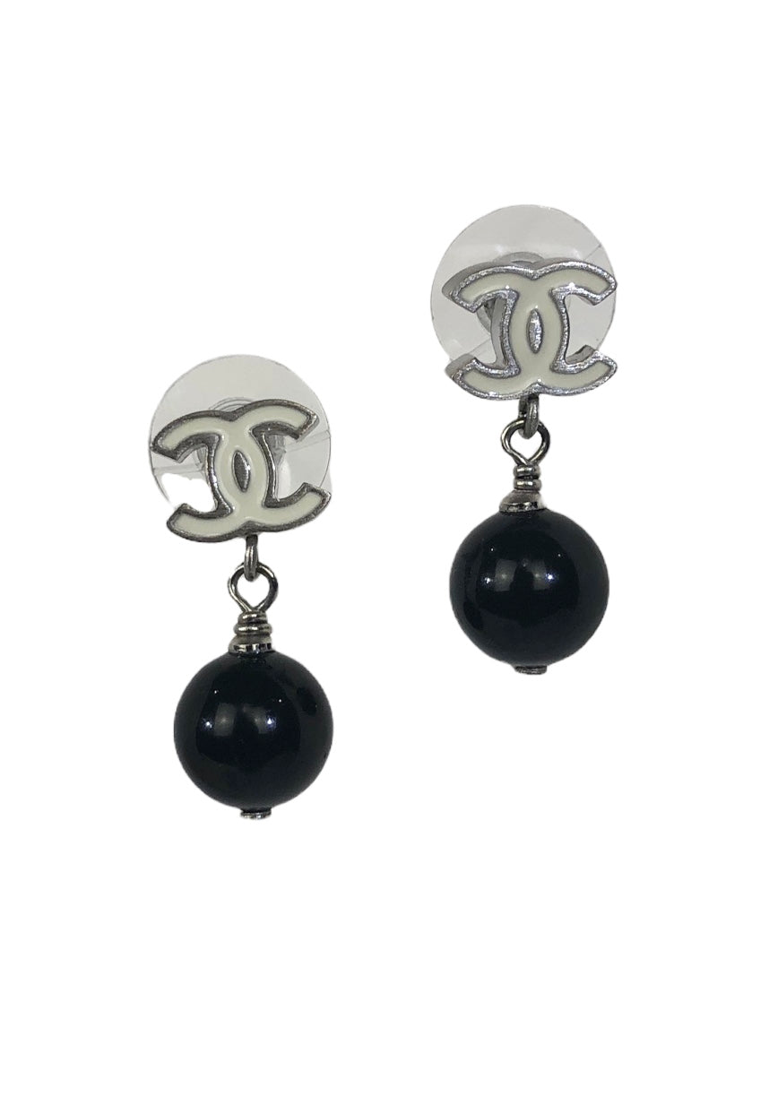 Chanel Chanel White Enamel CC Logo & Black Bead Drop Earrings-2011