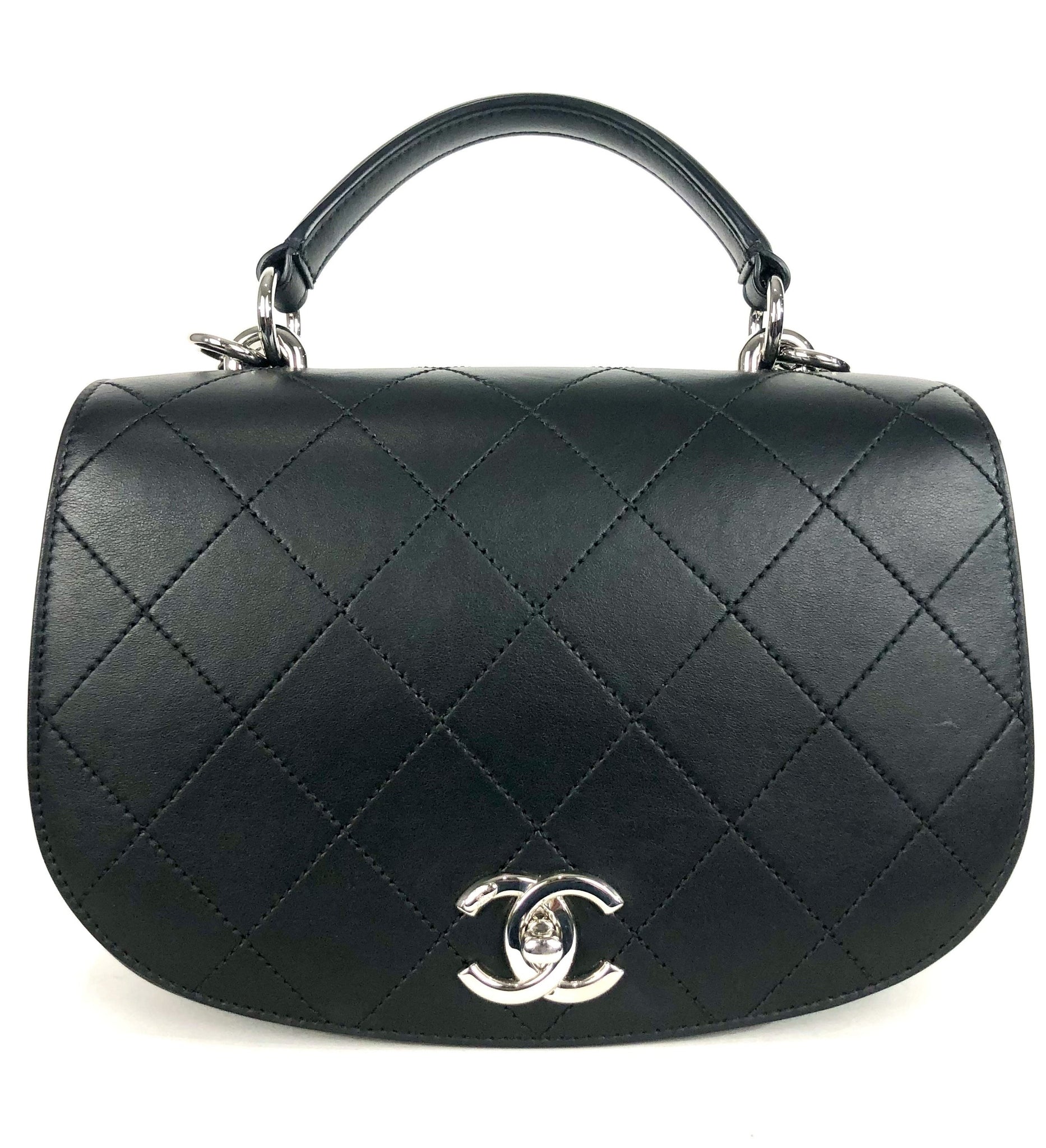 Black Quilted Lambskin Top Handle Crossbody Flap Handbag