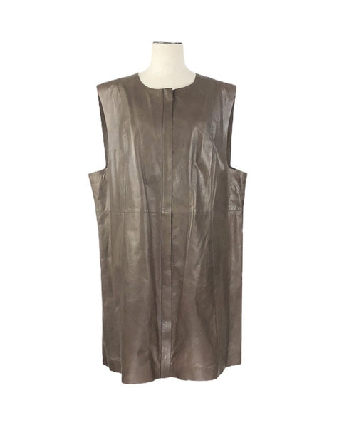 Brown "Inez" Lambskin Leather Zip-Front Vest Dress | Size 1X