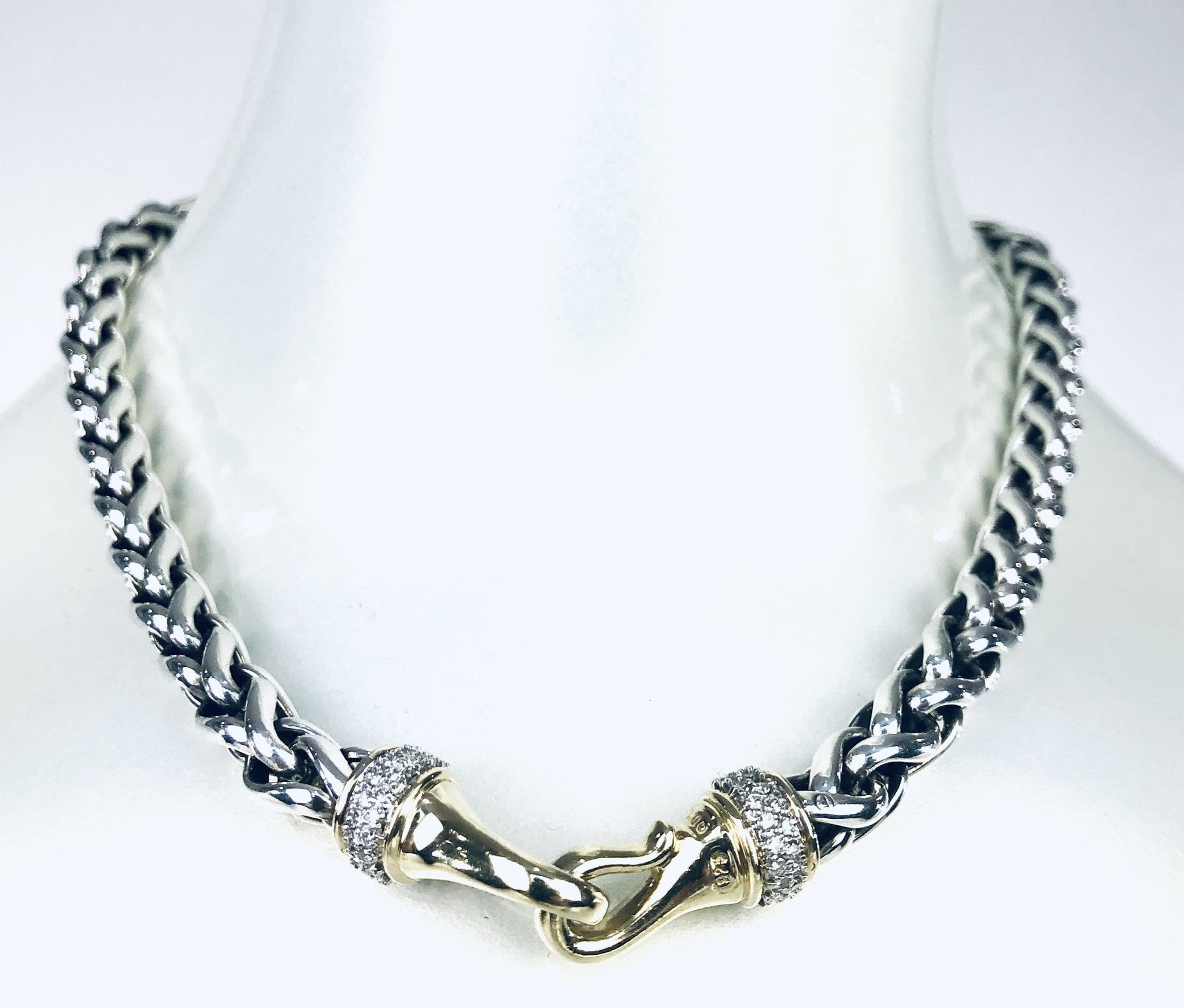 Sterling Silver Wheat Chain with 18K Gold Clasp and Pave Diamonds