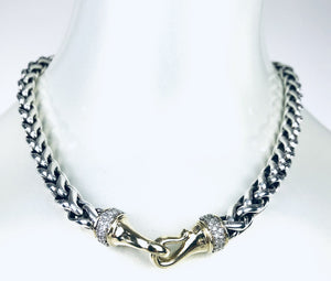 Sterling Silver Wheat Chain with 18K Gold Clasp and Pave Diamonds