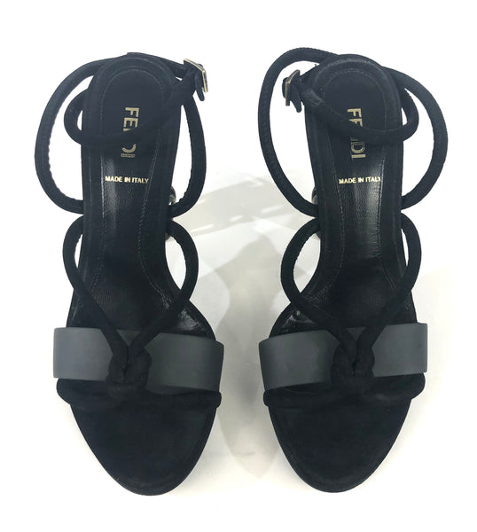 Black Suede with Chain Metal Covered Heel Sandal | Size US 6.5 - EU 36.5